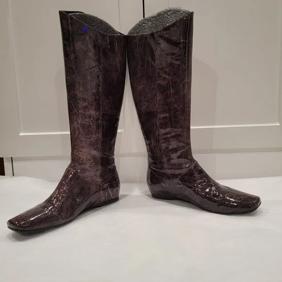 Ecco Patent Leather Riding Long Boots Zipper All season - Gray Brown Size 8